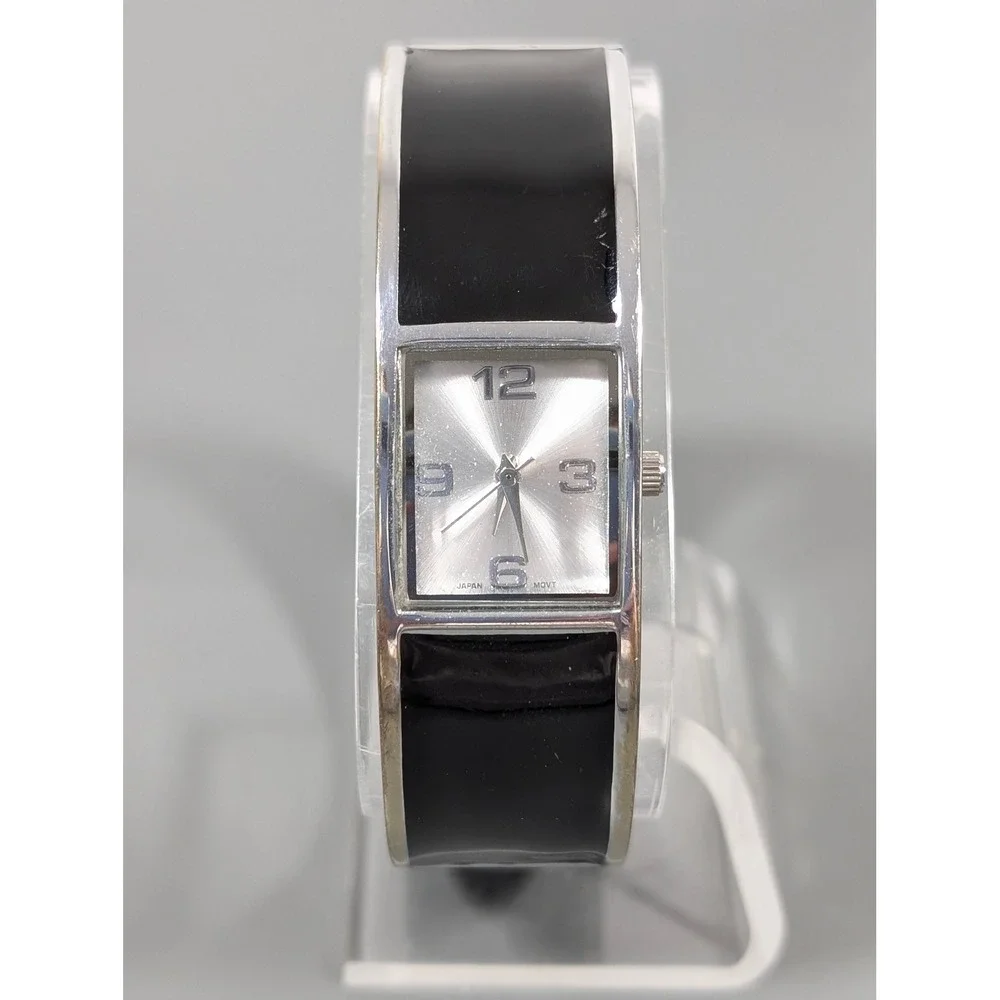 Chico's Black Enamel Watch Silver Tone Hinged Bangle Cuff Statement Working 6.5